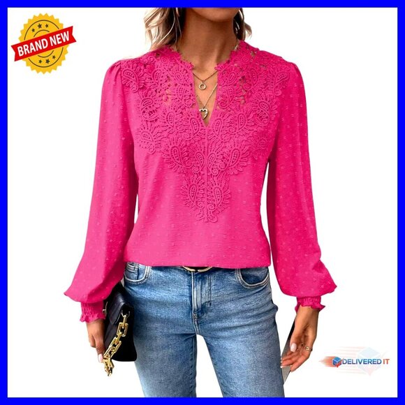 Tops - Swiss Dot Chiffon Blouse V Neck Long Sleeve Boho Lace Hem Flowy Casual